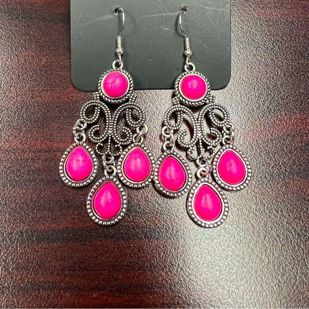 Pink and Silver Decorative Drop Earrings